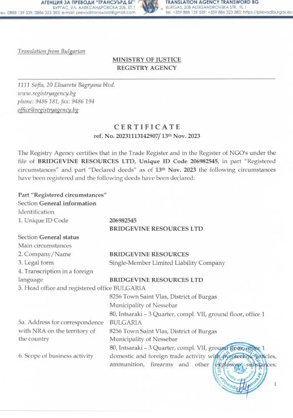 bridgevine resources ltd company profile 2